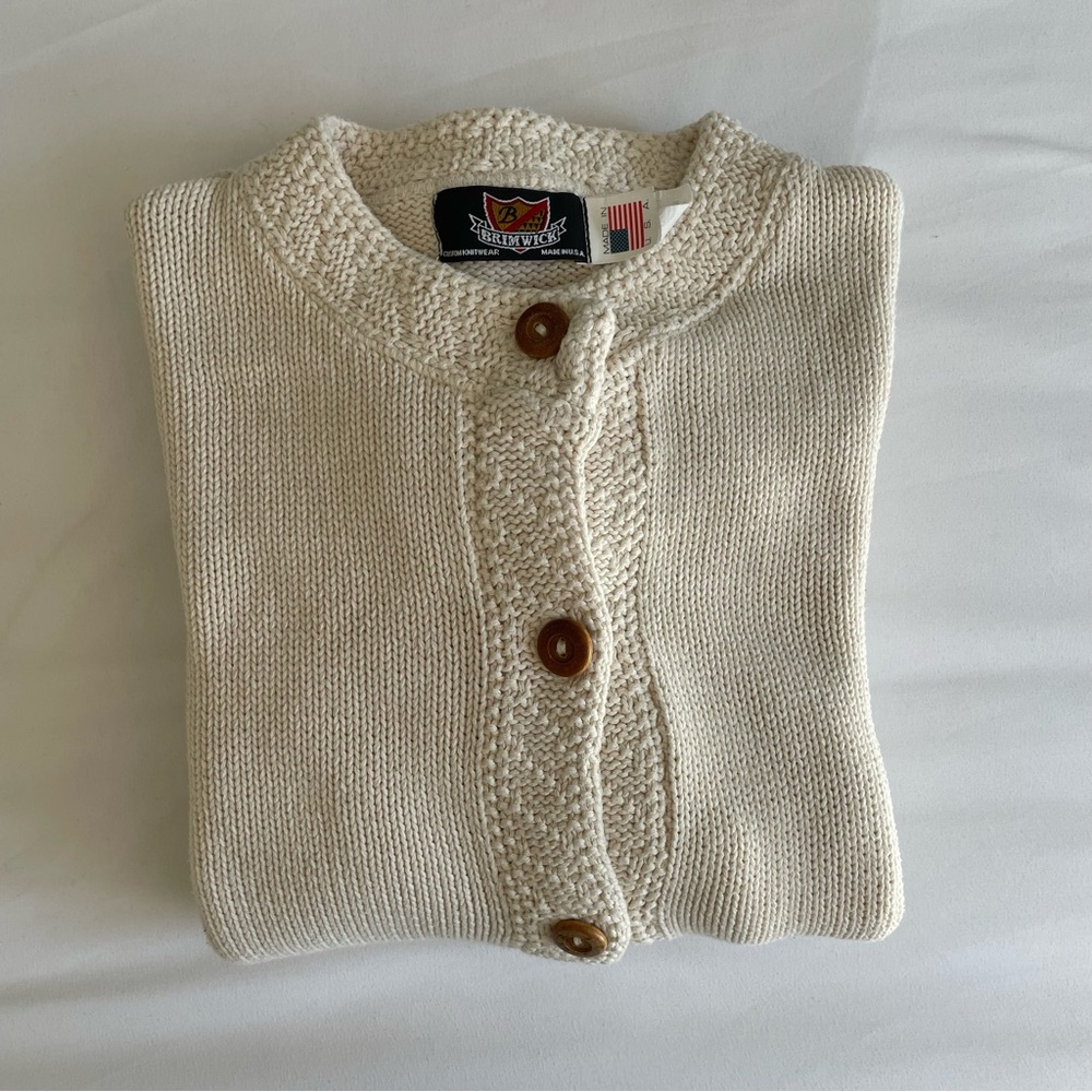 Vintage Brimwick Made in USA Cream Ivory Heavy Knit Brown Button Cardigan